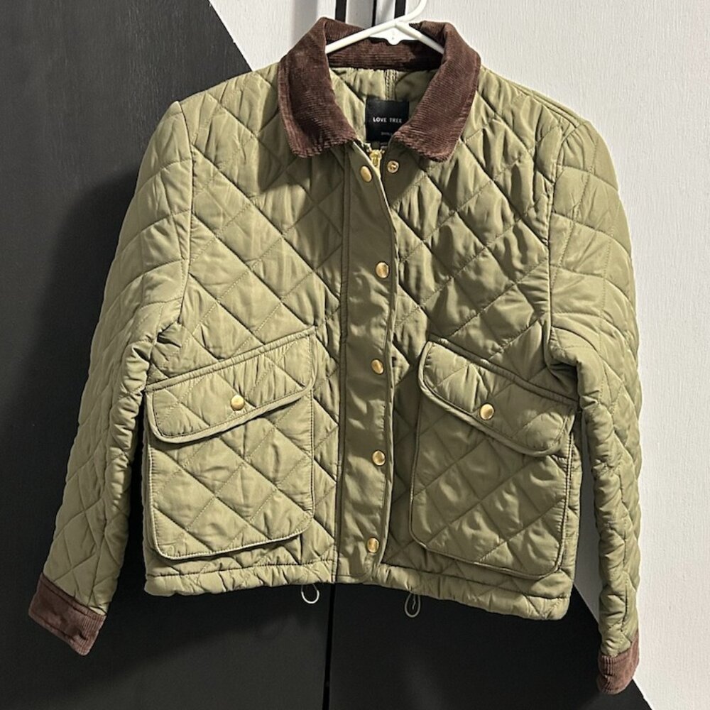 Love Tree Quilted Olive Green Jacket with Brown Corduroy Collar